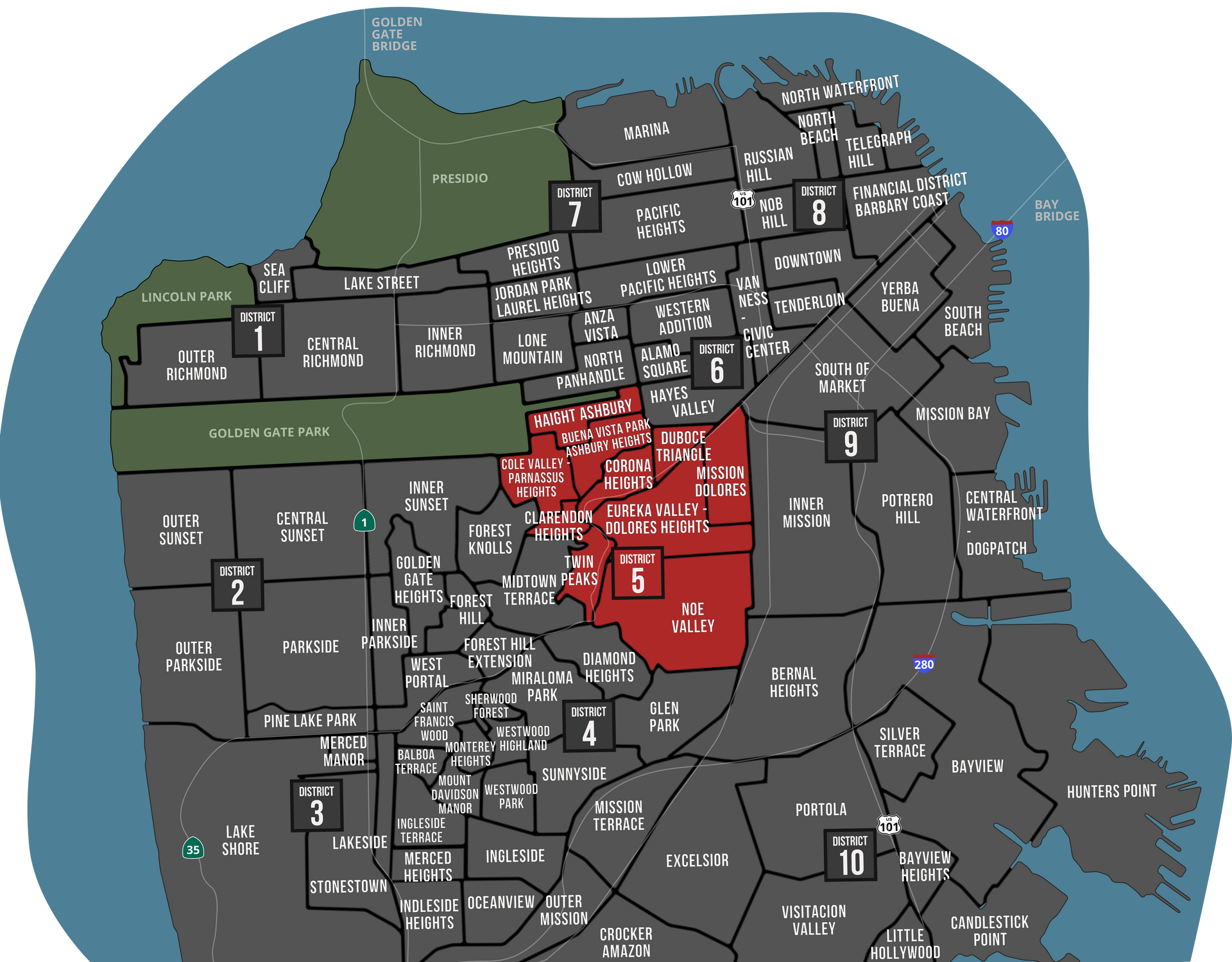A map of the city of san francisco with the number 5 highlighted in red