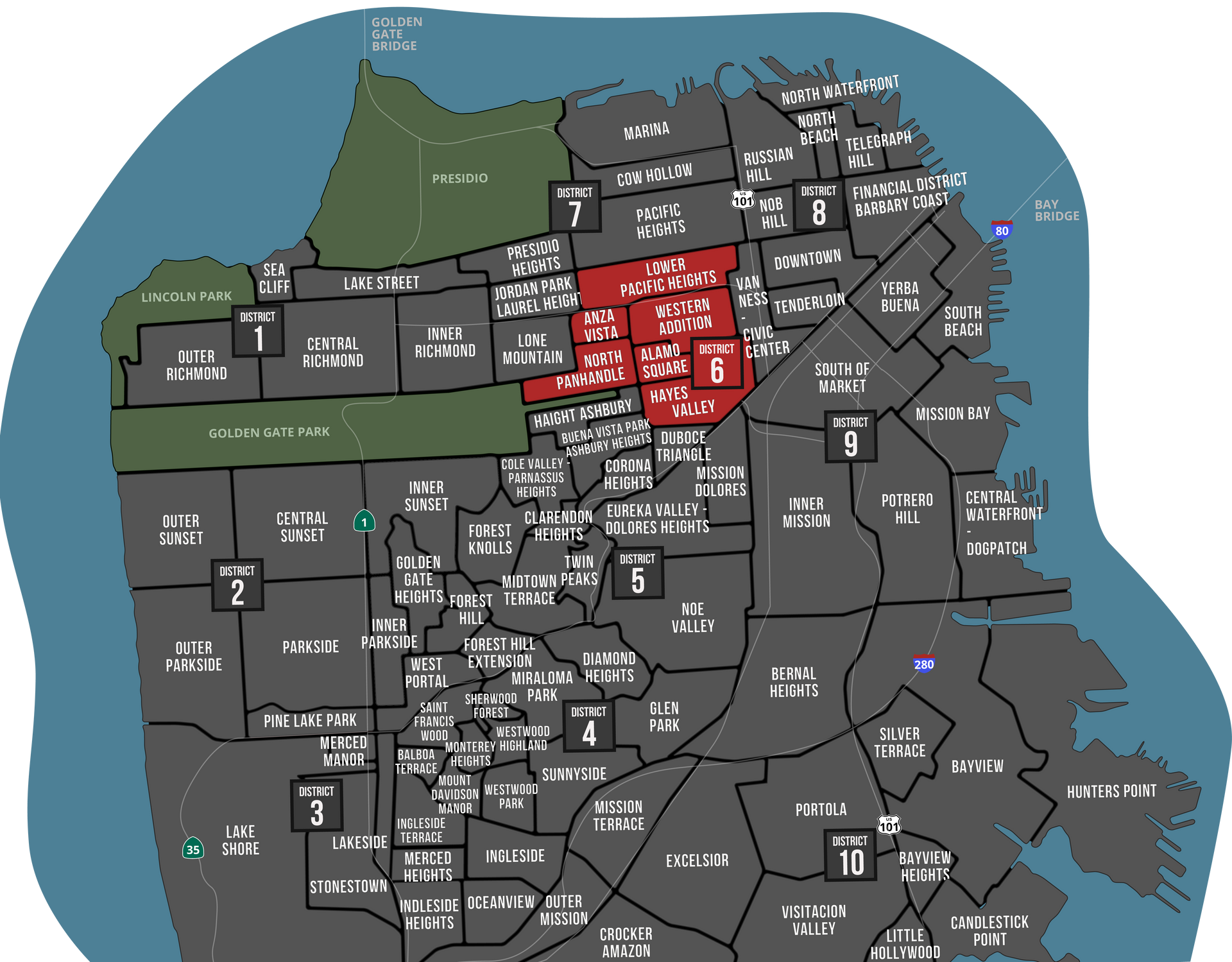 A map of the city of san francisco with a red area in the middle