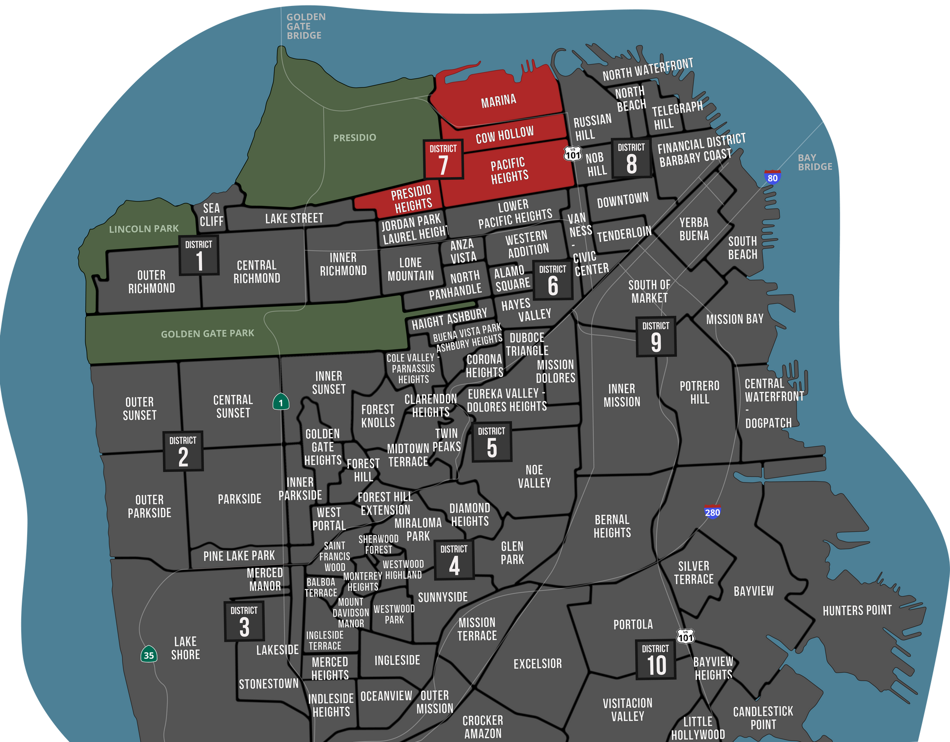 A map of san francisco shows the numbers 1 through 10