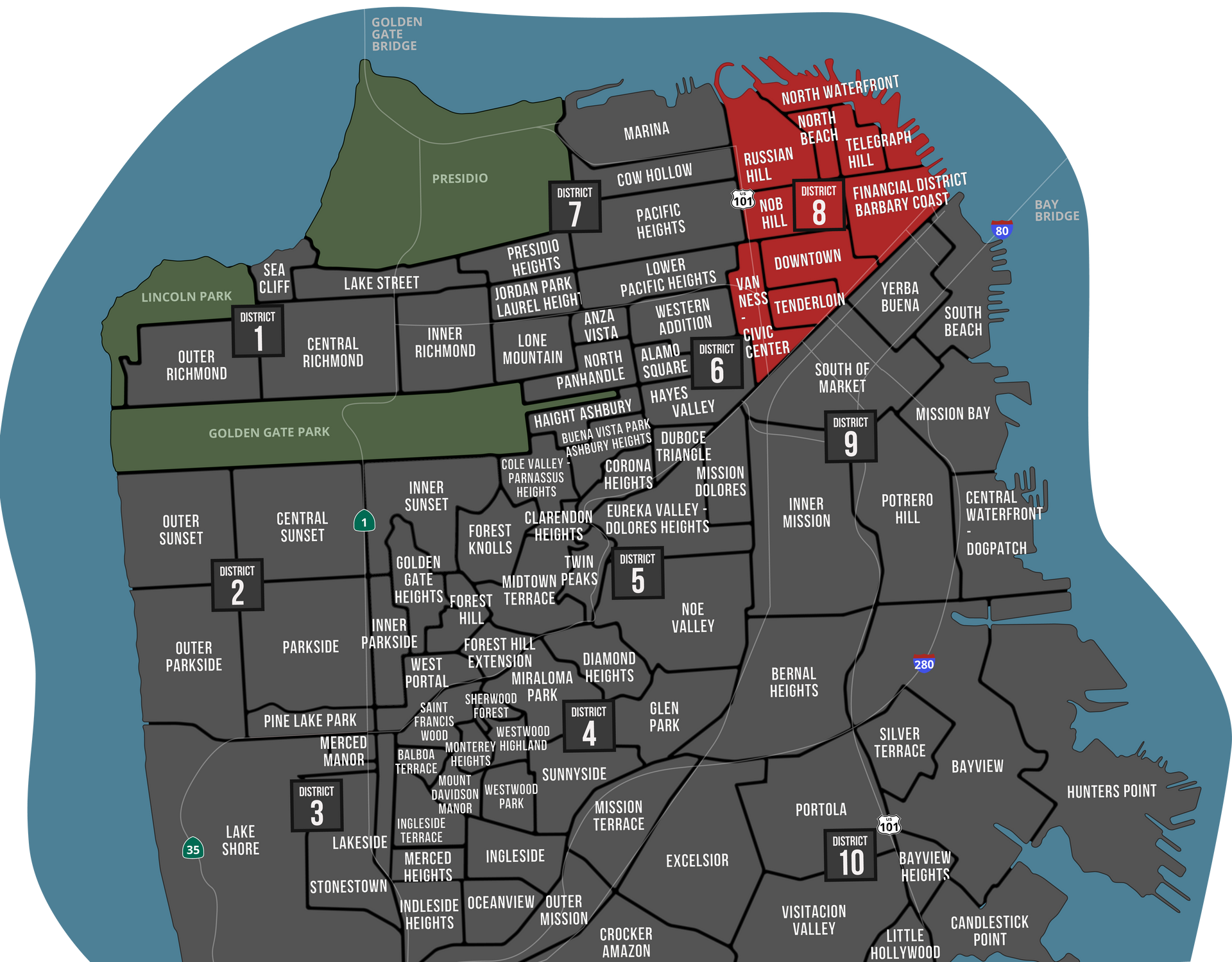 A map of san francisco with a red area in the middle