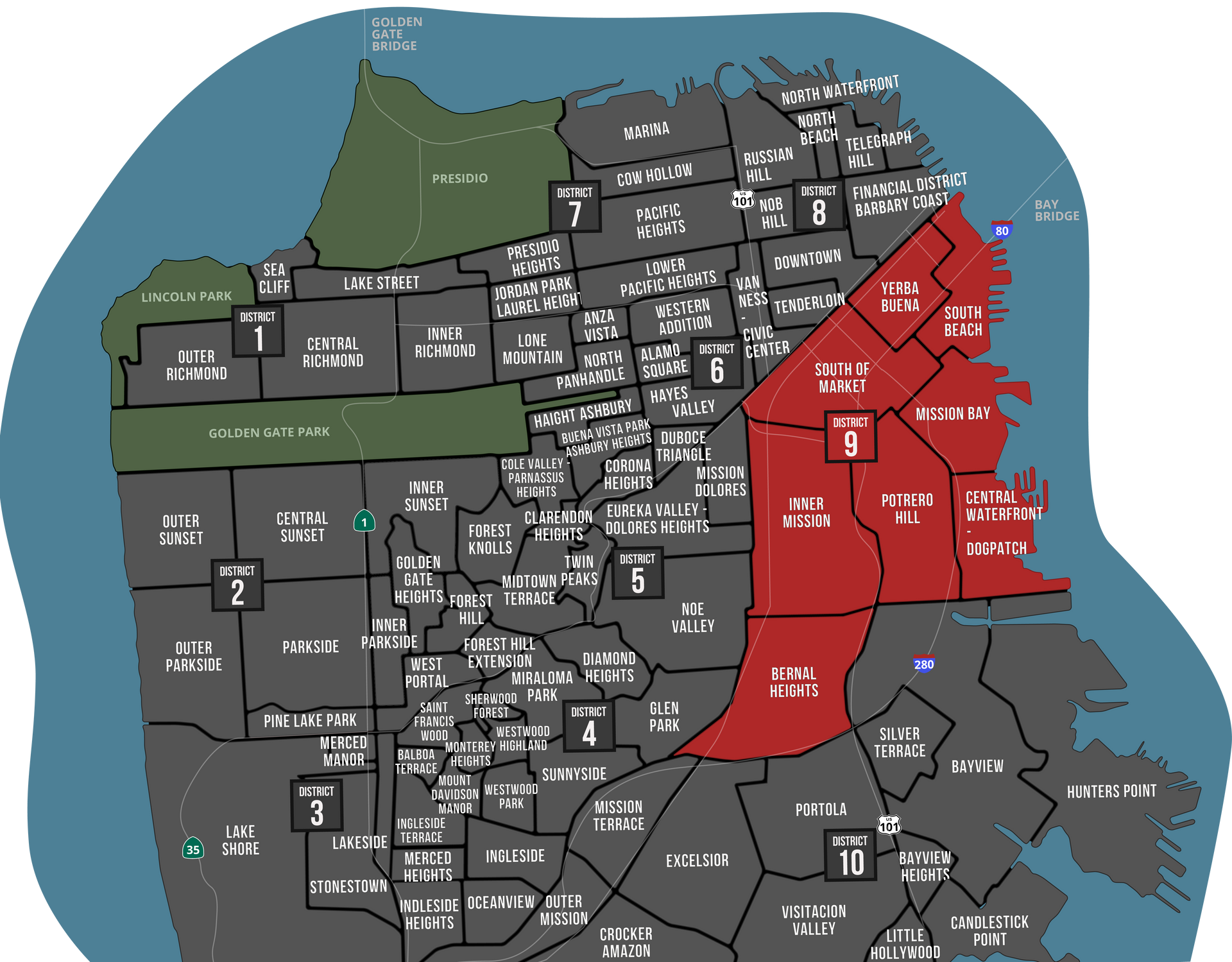A map of san francisco is divided into three sections
