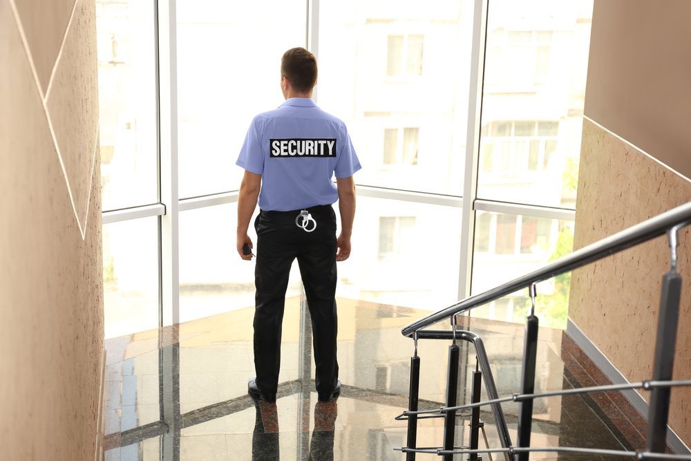 A Security Guard Standing Near Window in Building, Back to the Viewer — Clinton Security Services In Toowoomba, QLD