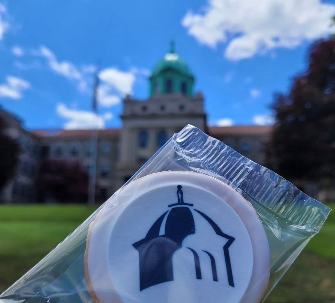 Cookie with building logo in front of a blurred building with a green dome and a blue sky.