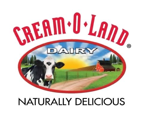 Cream-O-Land Dairy logo: Oval with cow, farm scene, and 