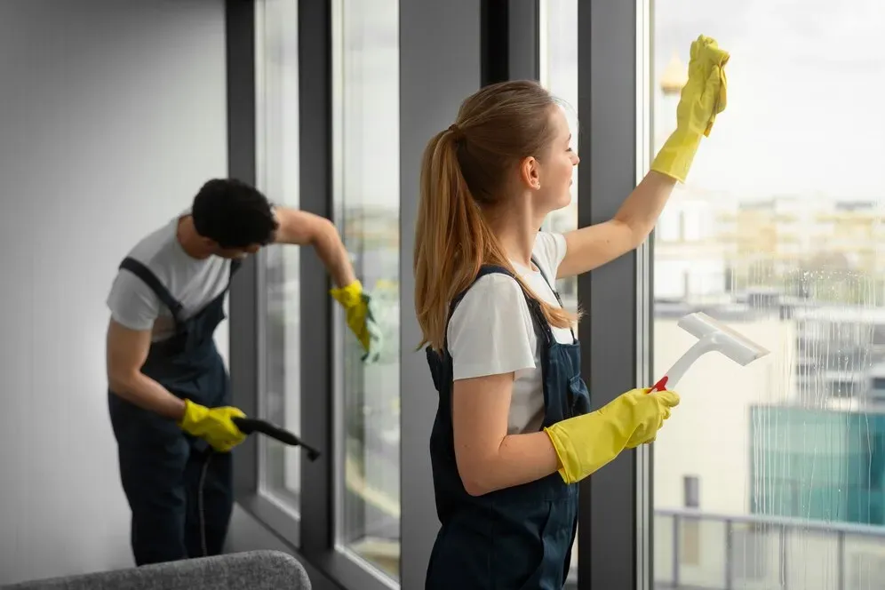 Person wearing yellow gloves sprays and wipes a window with a blue cloth.