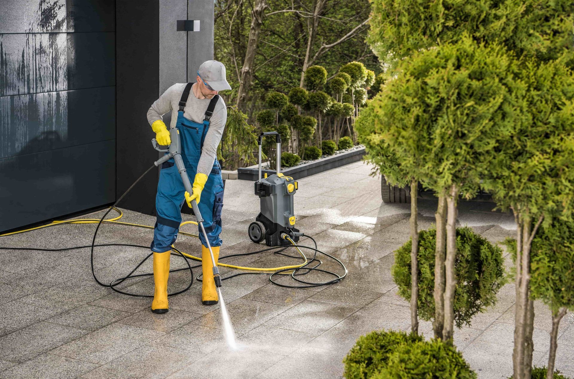 Person in overalls pressure washes a concrete patio near bushes.