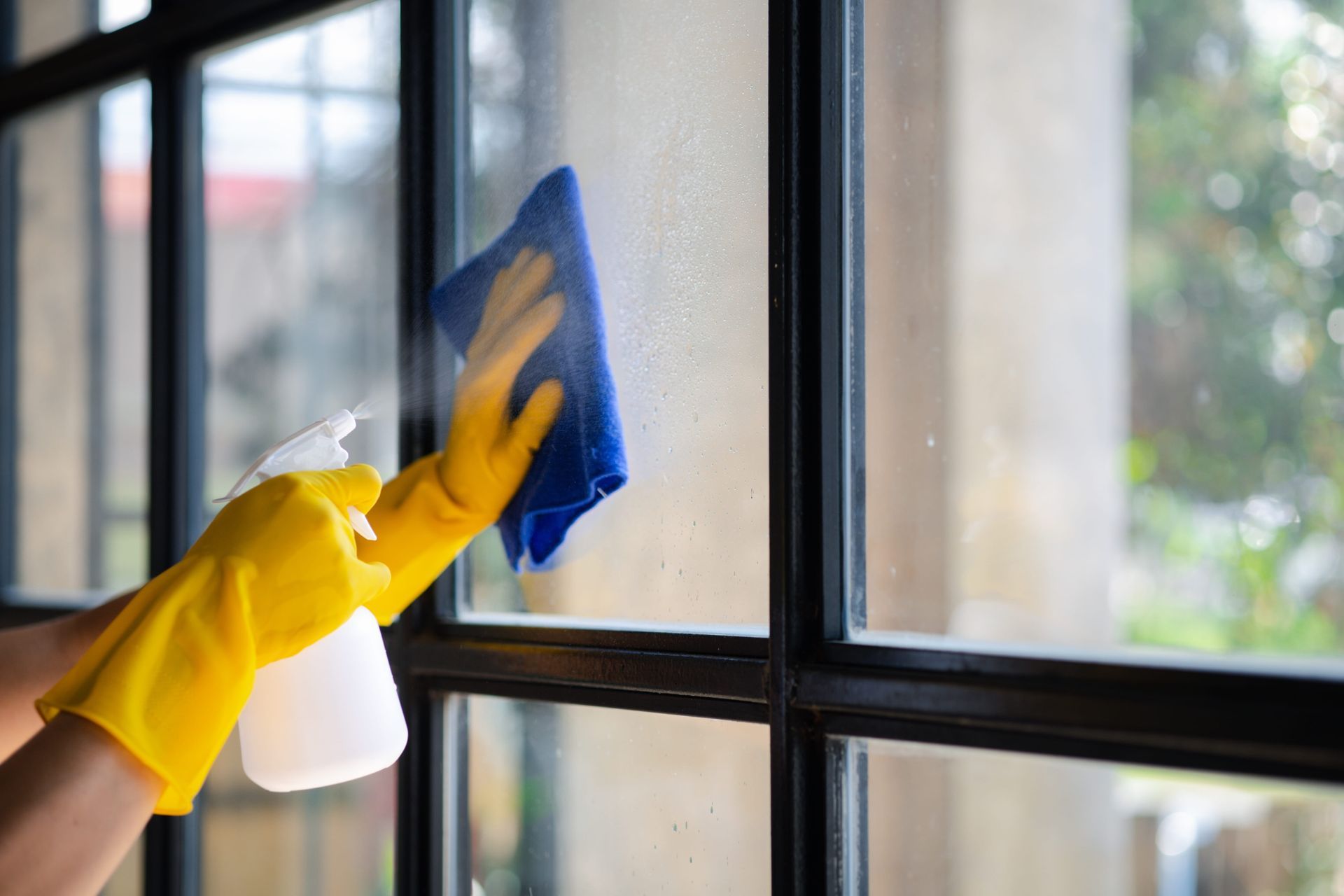 Person wearing yellow gloves spraying and wiping a window with a blue cloth.