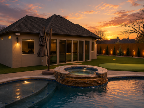 Outdoor area with putting green, grill, TV, and seating; sunny day.