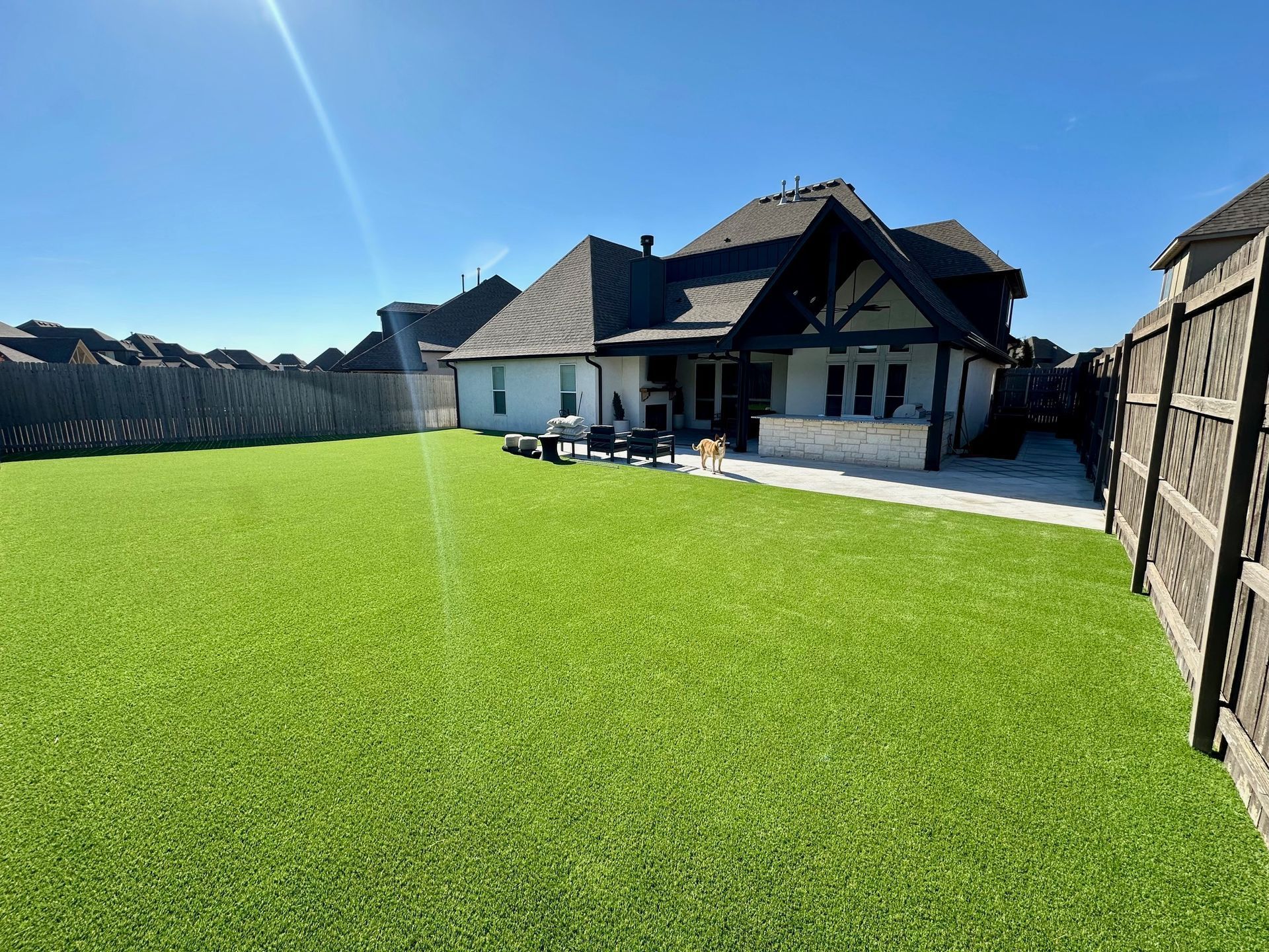 Green lawn in a sunny backyard with a white house and brown fence.