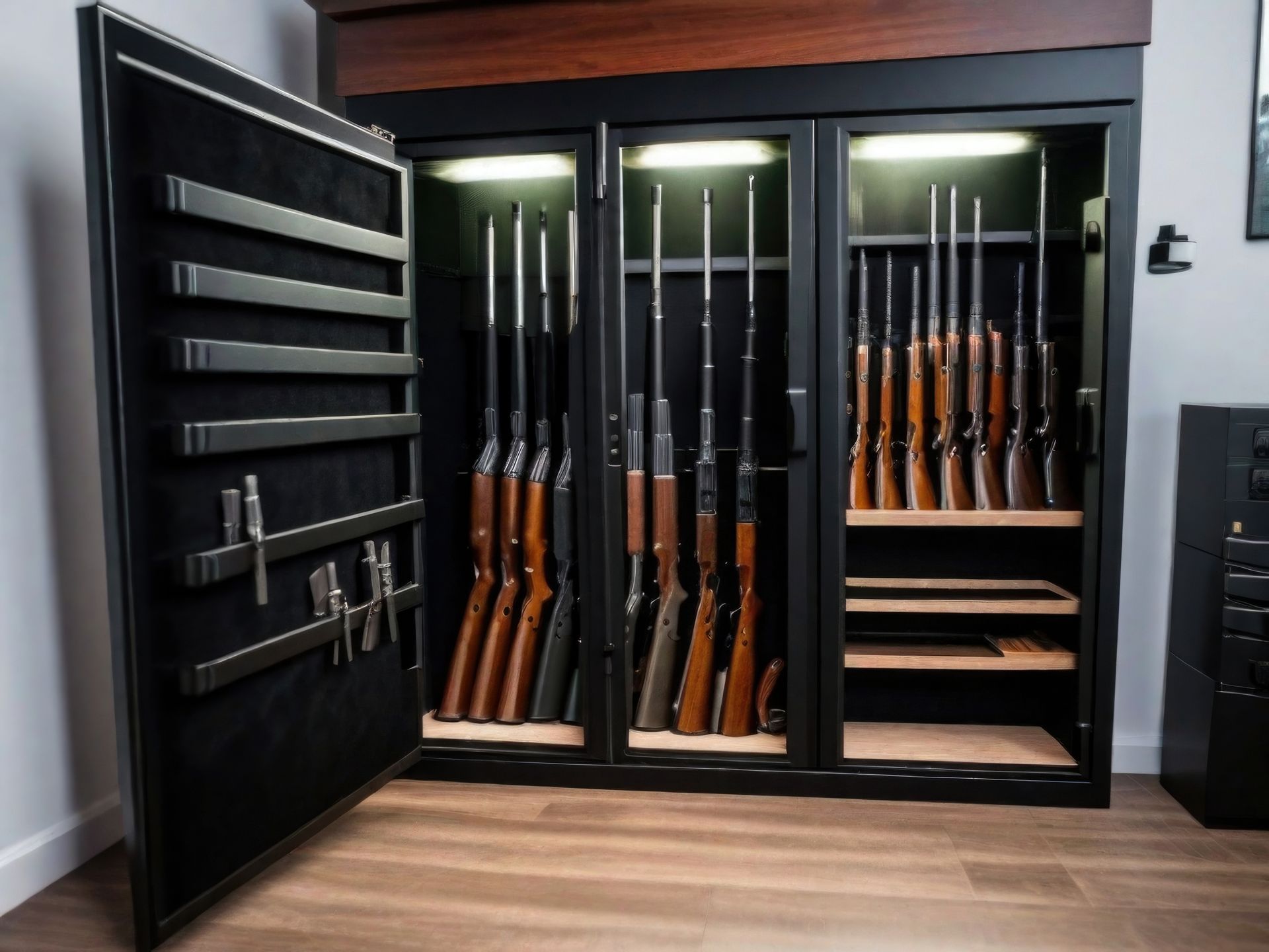 Black gun safe with multiple rifles on display, and open door on the left side.