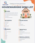 Coalition for Family Harmony housewarming wish list categorized by room, including kitchen, bath, bedroom, and essentials.