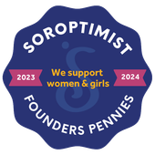 Blue Soroptimist Founders Pennies badge with text