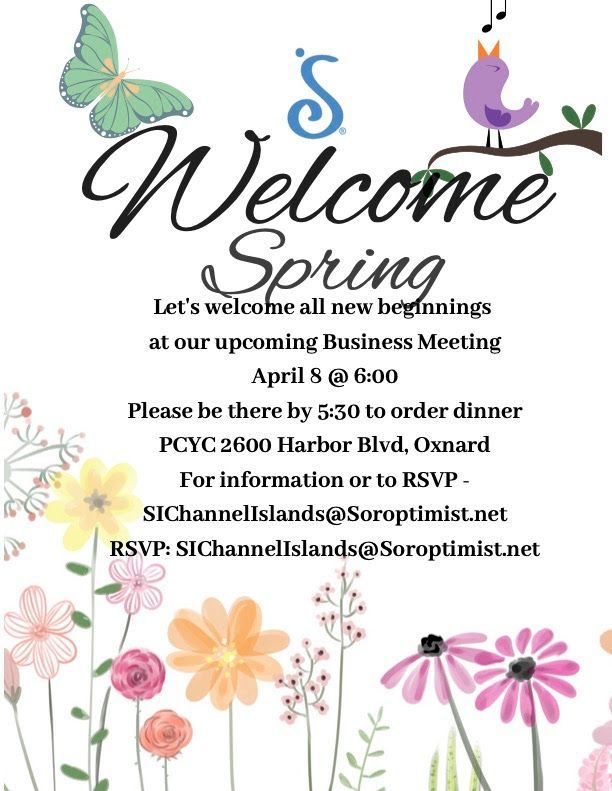 Spring-themed event flyer for a business meeting on April 8th at 6:00 PM, located at PCYC, 2600 Harbor Blvd, Oxnard.