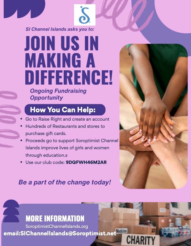 Fundraising flyer for Soroptimist Channel Islands encouraging gift card purchases using club code 9DGFWH48M2AR.