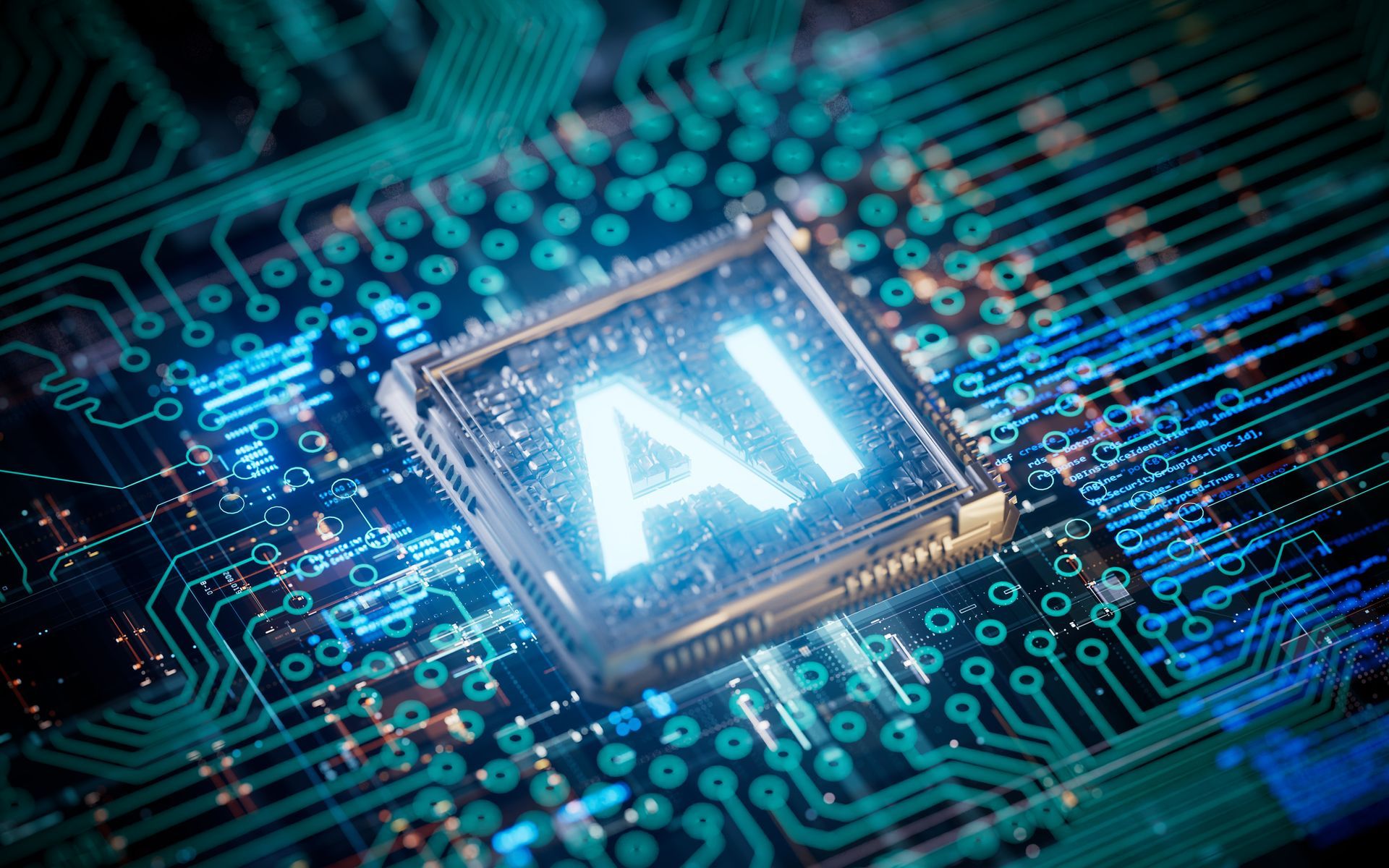 Circuit intégré avec une puce affichant les lettres 'AI', illustrant la connexion entre la technologie et l'IA.