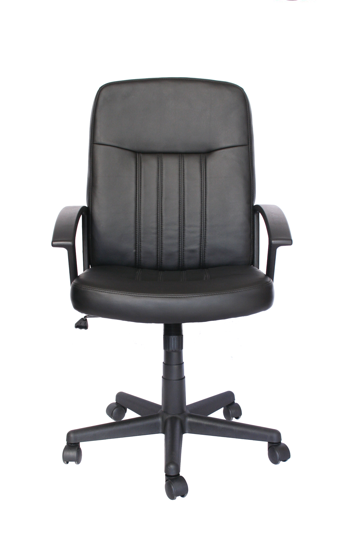 Una silla de oficina negra con garantía de un año.