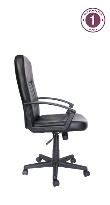 Una silla de oficina negra con garantía de un año.
