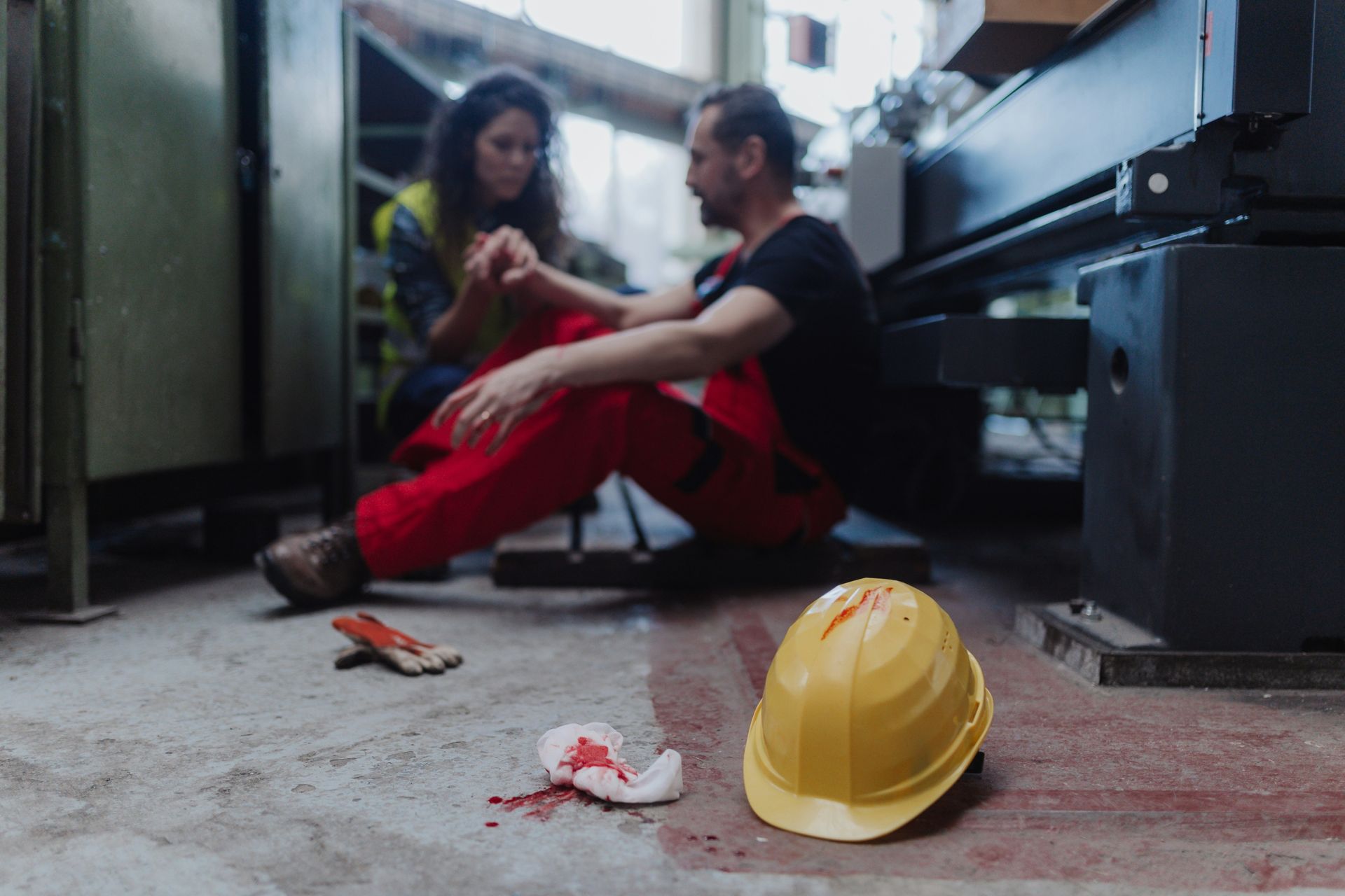 A man is sitting on the floor while a woman helps him.