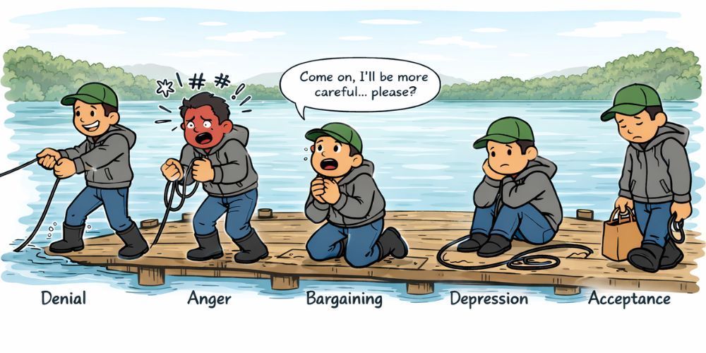 Man leaning on a wooden bridge, looking at a misty river. He wears a hoodie and cap.