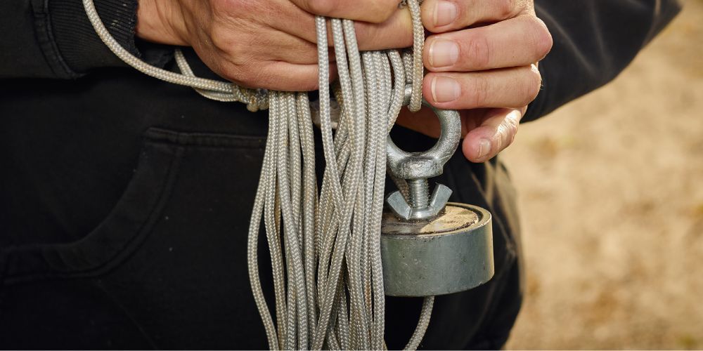 A person holds a rope attached to a metal magnet.