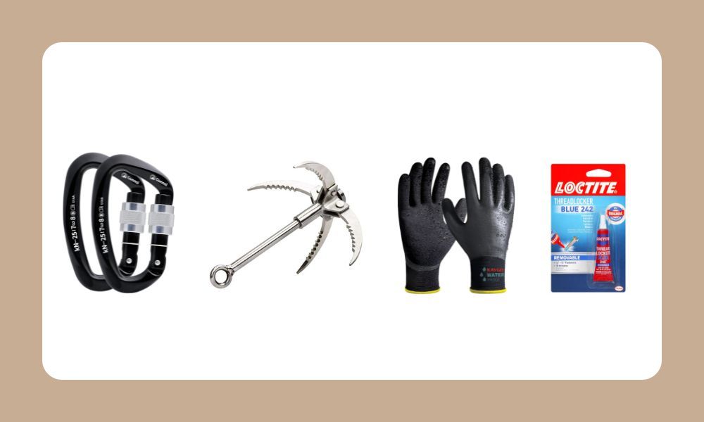 Gear: carabiners, grappling hook, work gloves, and Loctite glue.