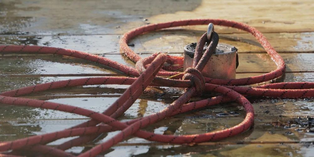 A bunch of red hoses are laying on a wooden floor.