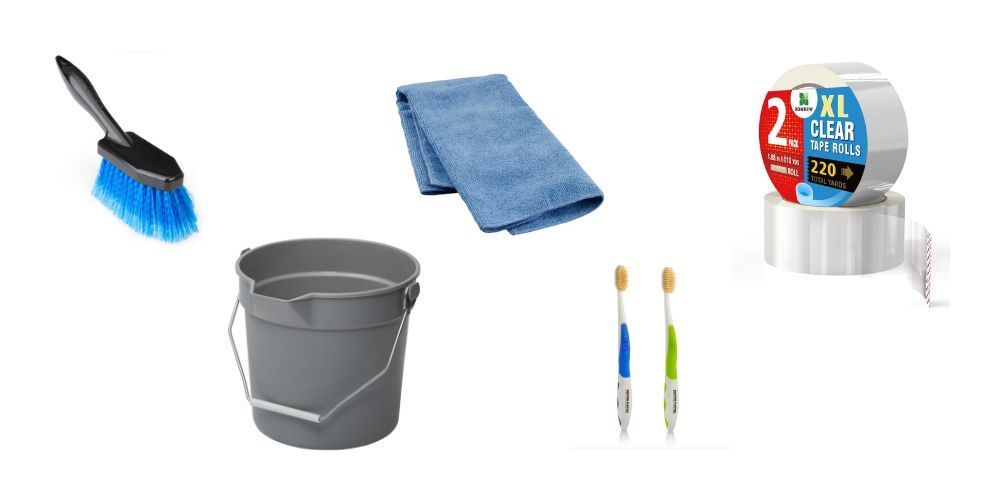 A bucket , brush , towel , toothbrushes and a roll of tape on a white background.