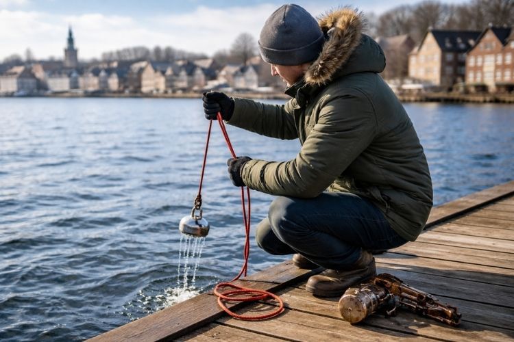 Person with a magnet on a rope pulls it up from water on a dock.