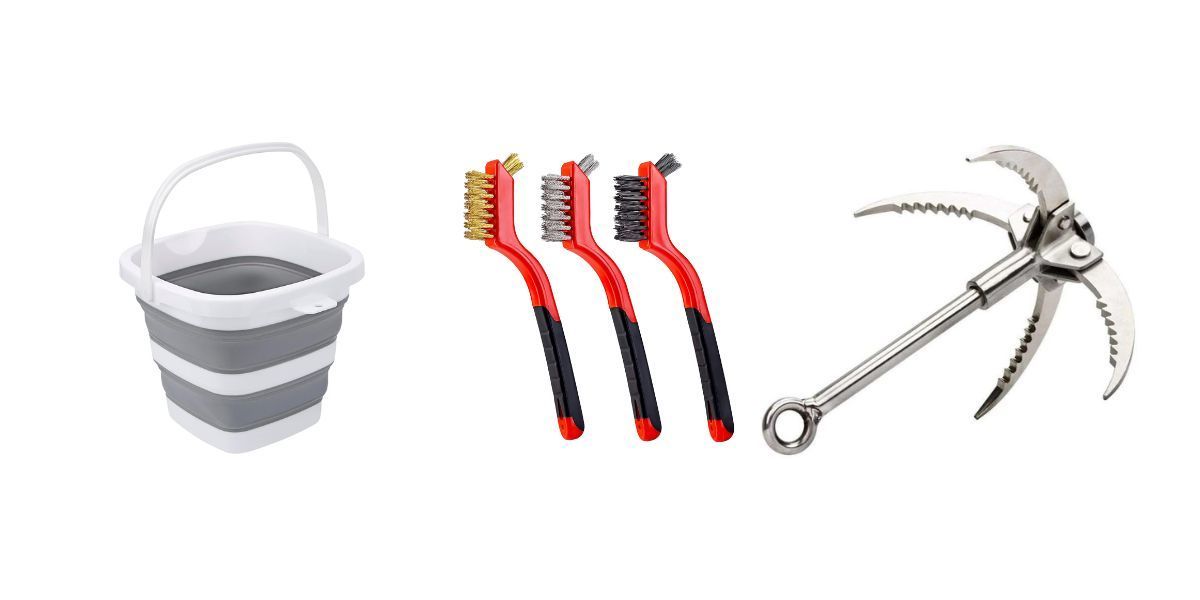 A bucket , toothbrushes , a wrench , and a claw on a white background.