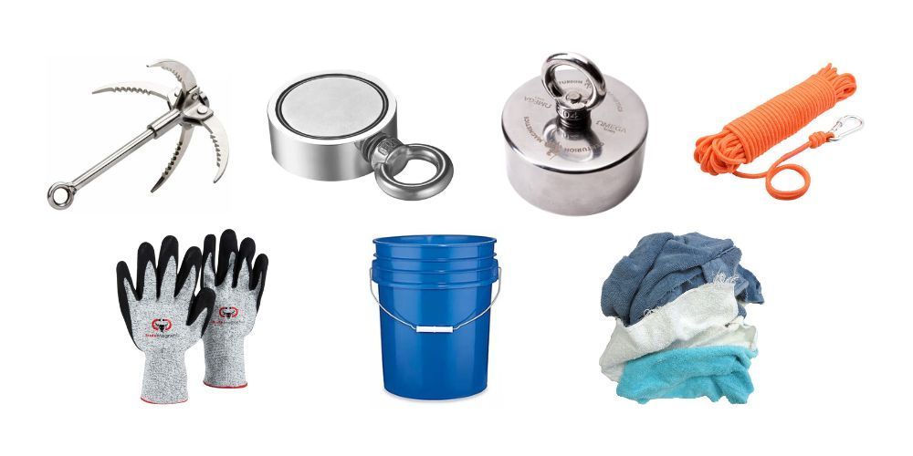 A bucket , gloves , rope , magnets , a hook , and a pair of gloves