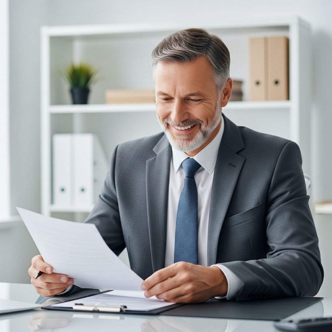 A smiling male property manager reviews documents at a desk, conveying professionalism and attention to detail.