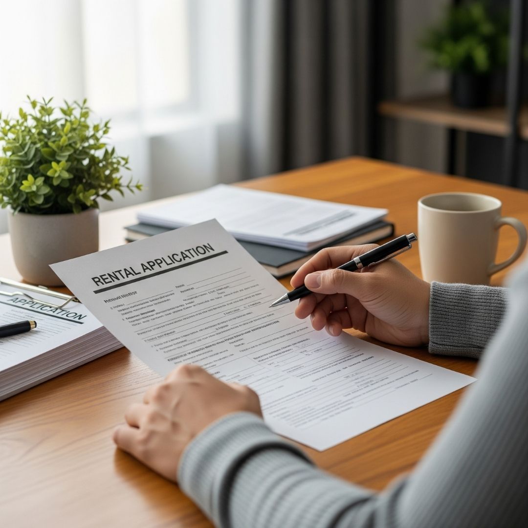 A manager conducting a thorough tenant screening by reviewing a rental application form.
