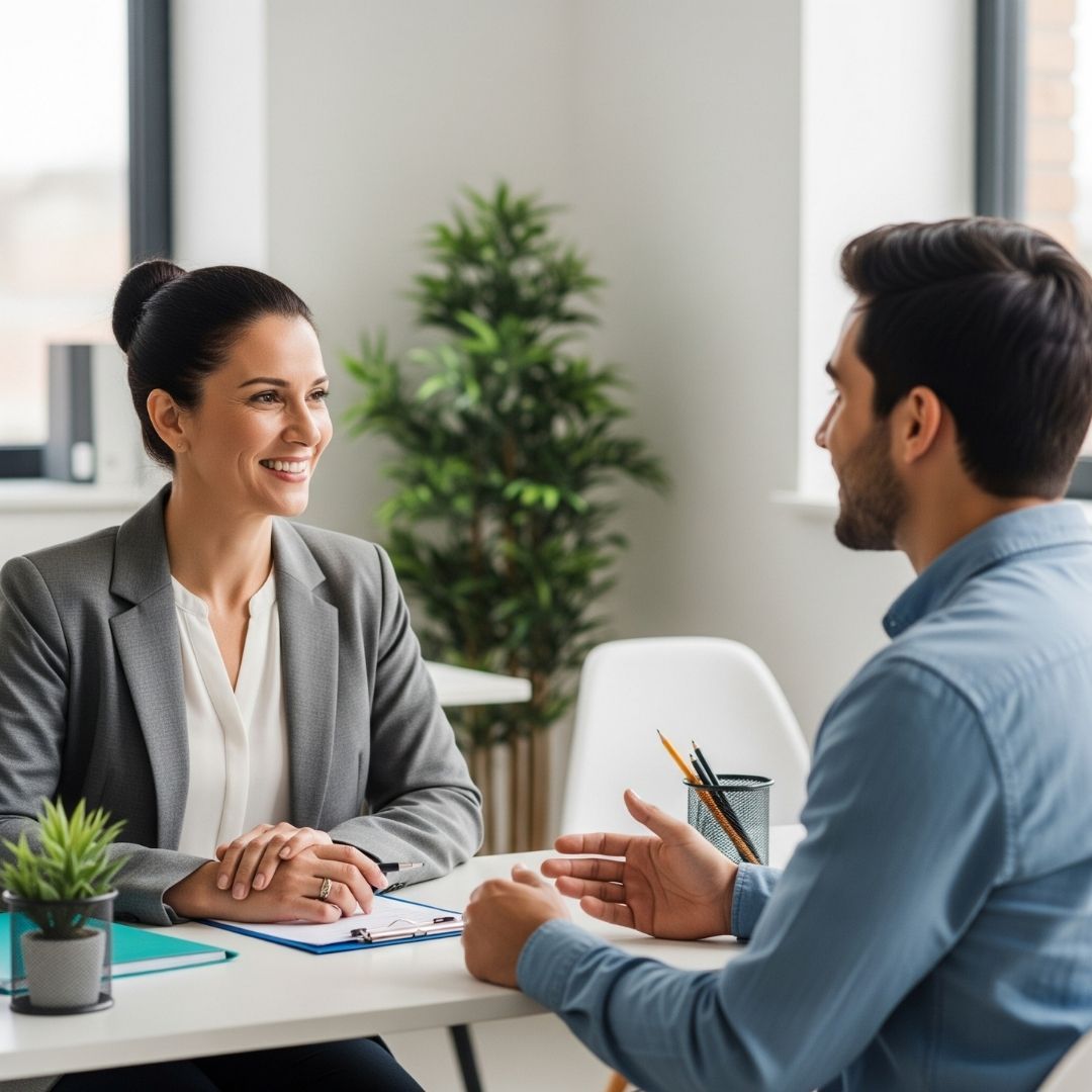 A female property manager smiles at a male tenant across a desk, indicating positive communication and a professional interaction.