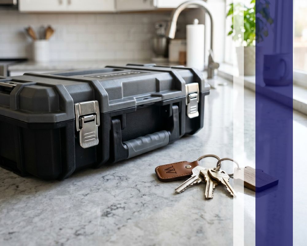 Close-up of home maintenance tools and silver house keys on a white countertop.