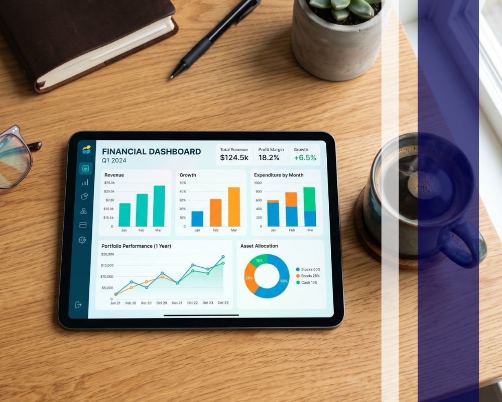 Digital tablet showing financial growth charts and investment data on a modern workspace.