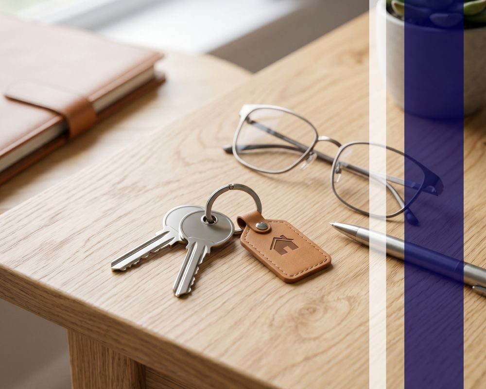 A set of house keys on a wooden table symbolizing successful rental property management placement.