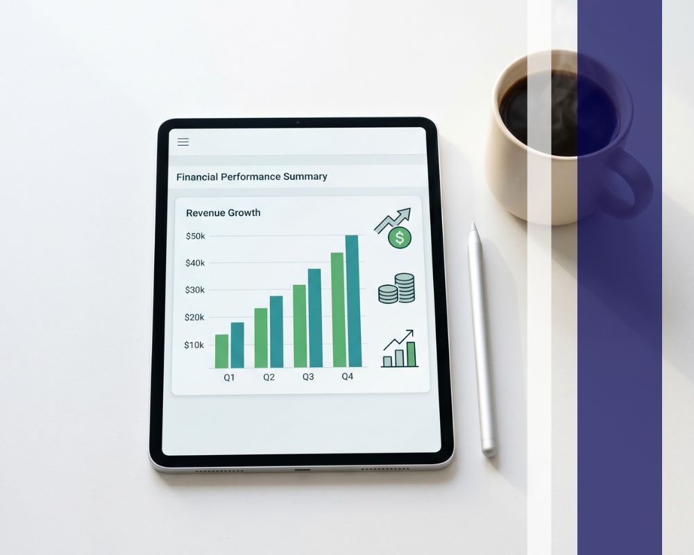 A tablet showing financial growth charts on a clean desk representing transparent owner reporting.