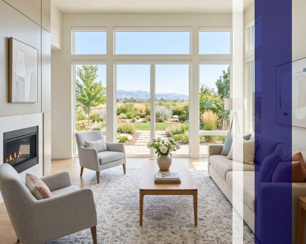 Interior view of a modern, sunlit living room with large windows overlooking a green yard.