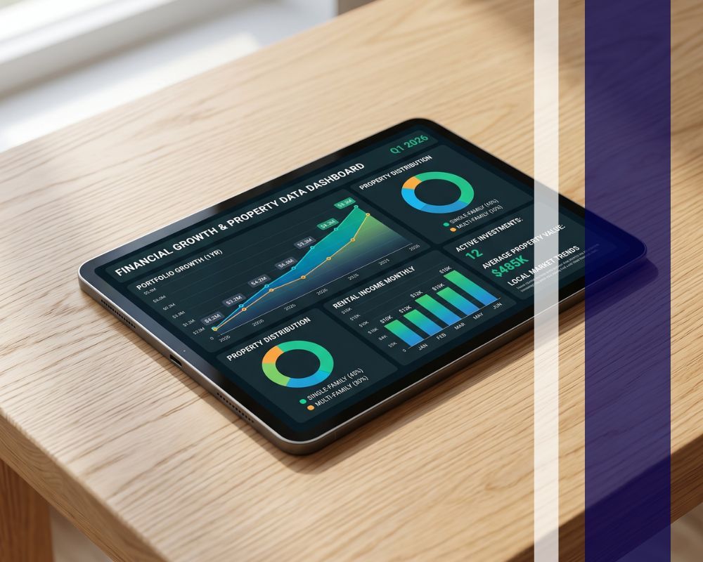 Digital tablet on a desk showing clean financial analytics and business growth charts.