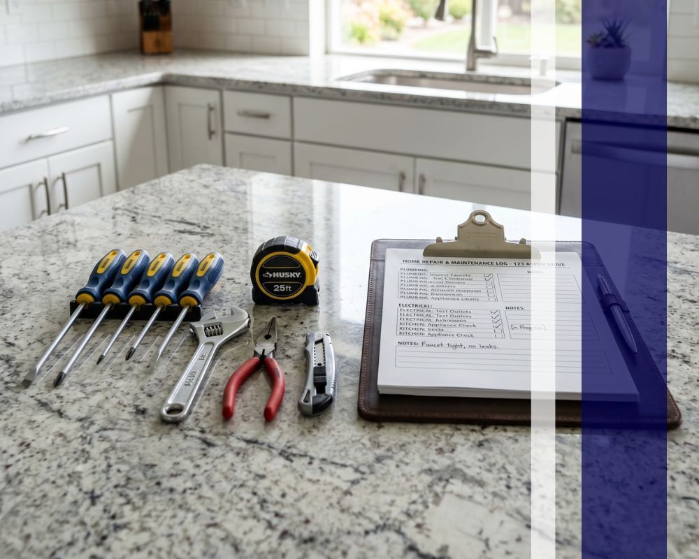 Maintenance tools and clipboard on a clean kitchen counter representing home upkeep.