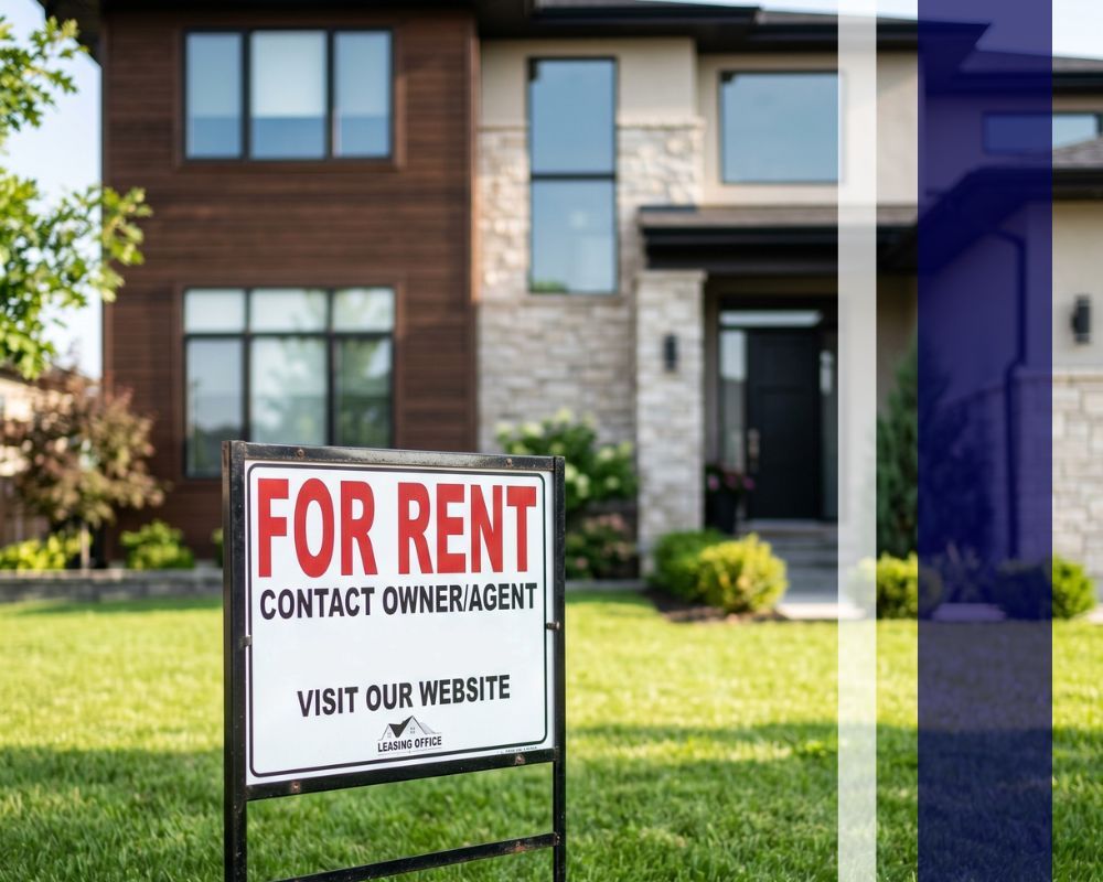 A for rent sign in the front yard of a modern residential property in Manor.