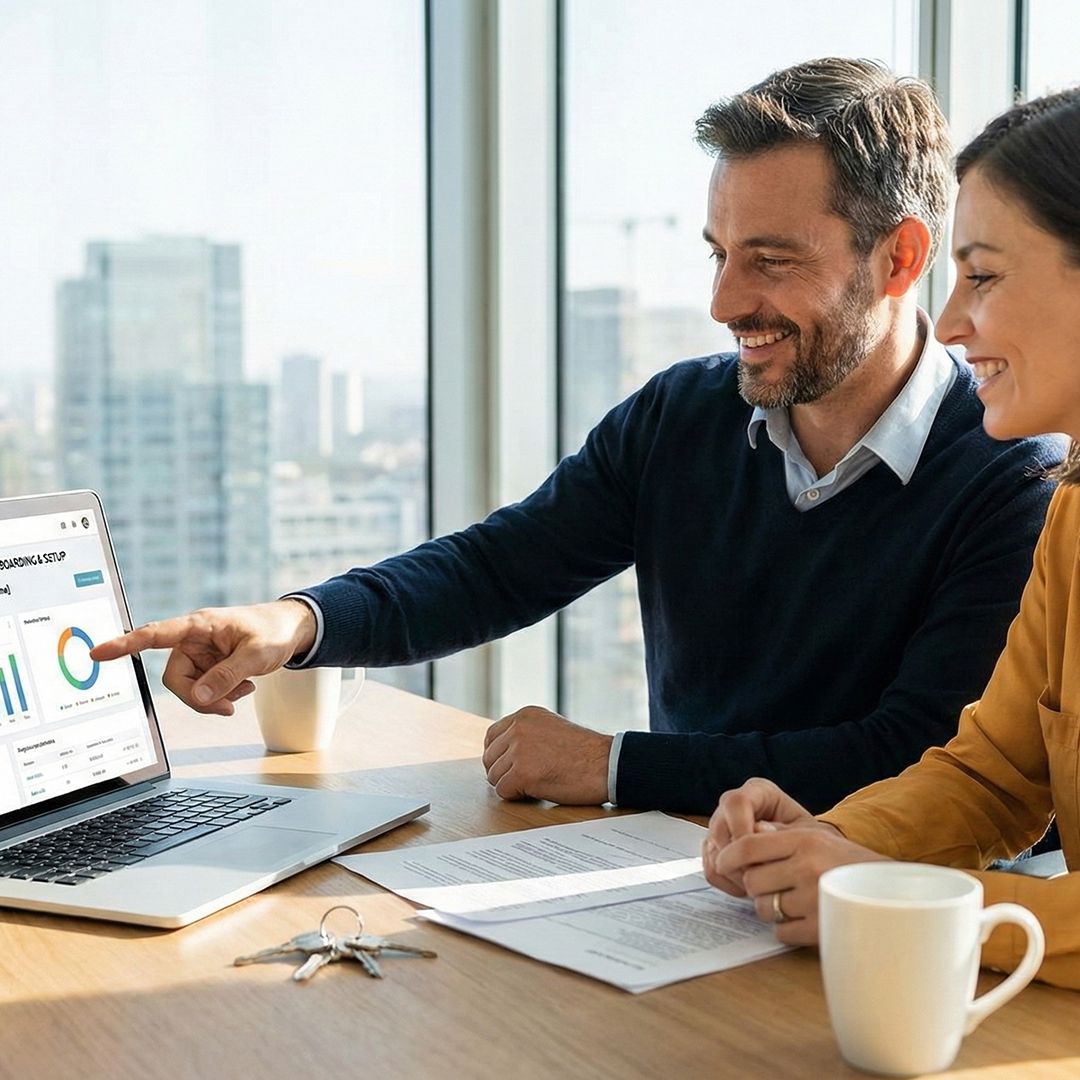 A professional camera on a tripod set up in a bright, beautifully staged living room with large windows and modern furniture. The lighting is warm and inviting. Stock photography style