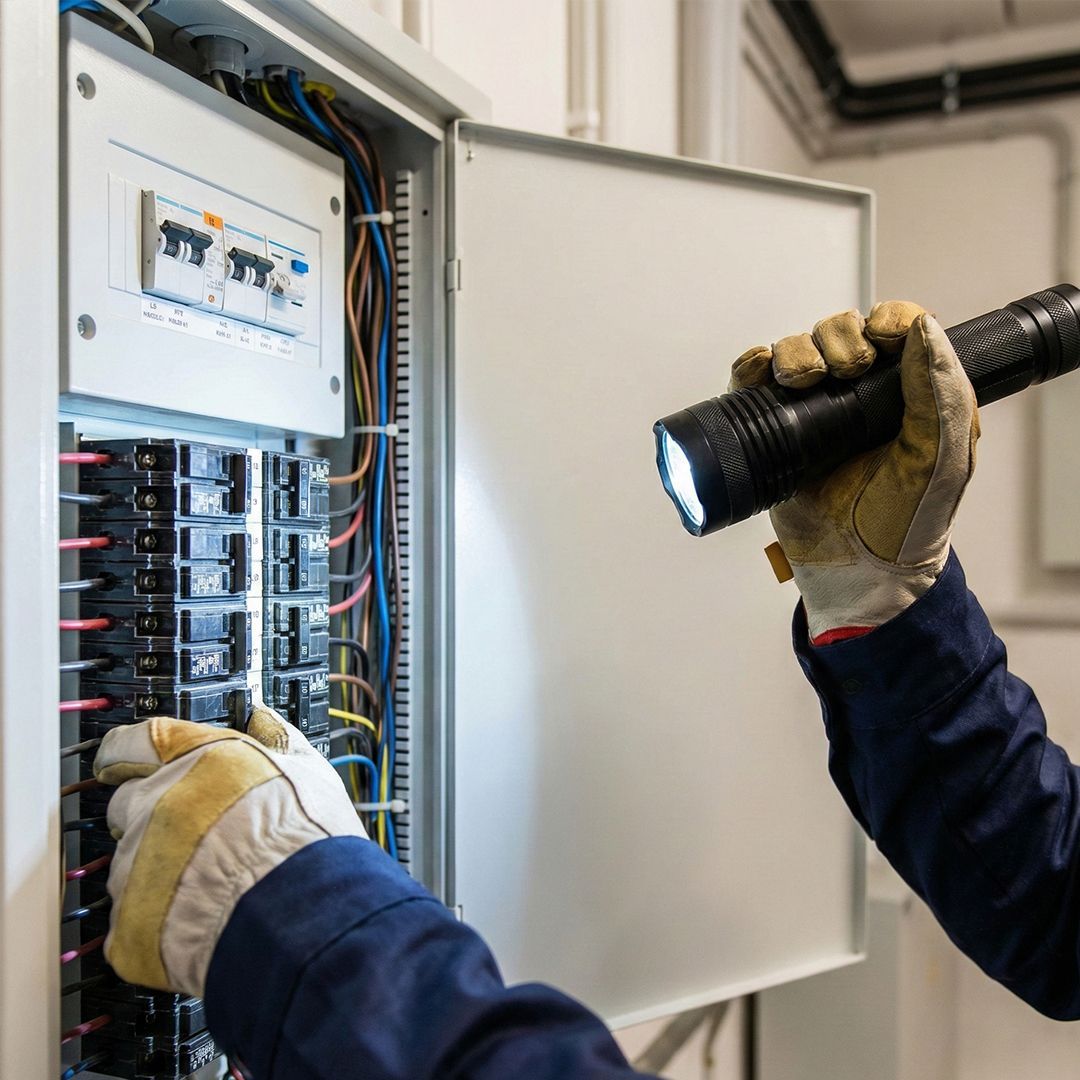 A close-up, high-quality photo of a professional building inspector’s hands using a flashlight to examine a clean, well-maintained HVAC system or electrical panel. Professional stock photography style.
