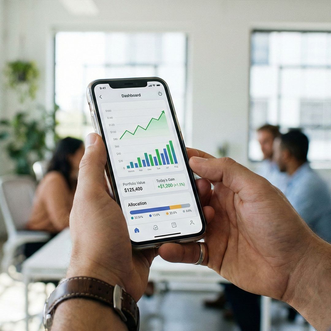 A person’s hands holding a smartphone in a bright, modern office. The phone screen shows a clean financial dashboard with upward-trending growth charts and organized data. Stock image style.