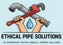 Logo for "Ethical Pipe Solutions" featuring two hands holding a red pipe wrench and a metal pipe over a blue water drop.