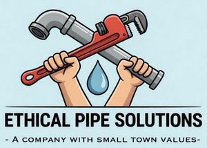 Logo for "Ethical Pipe Solutions" featuring two hands holding a red pipe wrench and a metal pipe over a blue water drop.