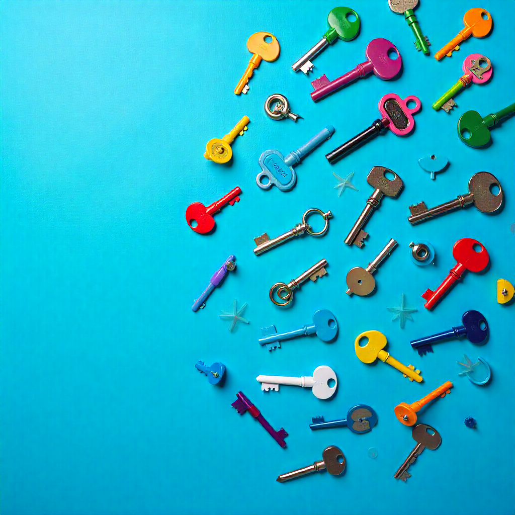 Colorful keys scattered on a bright blue background.