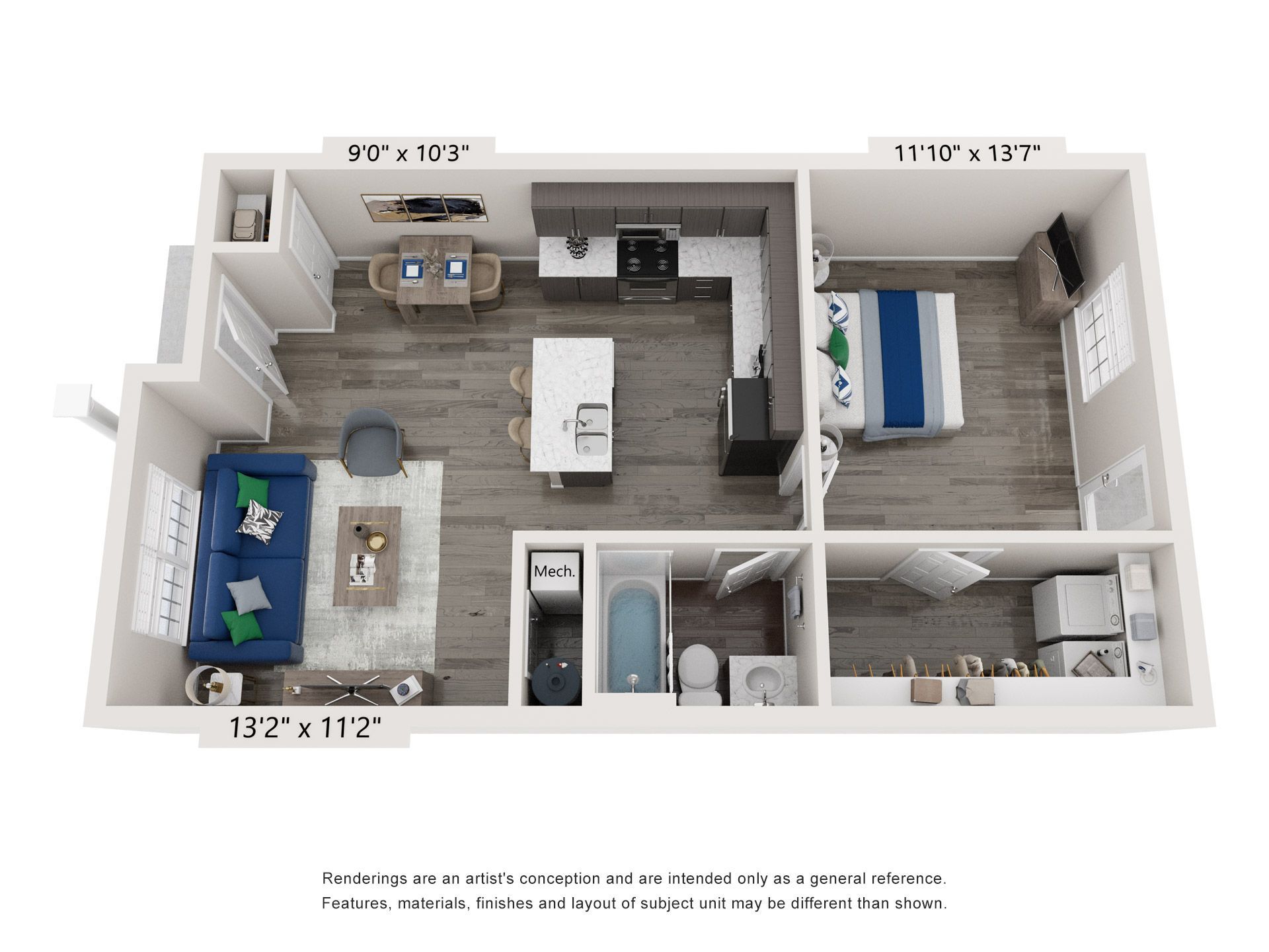 Floor plan of a one-bedroom apartment with living room, kitchen, dining area, and bedroom.