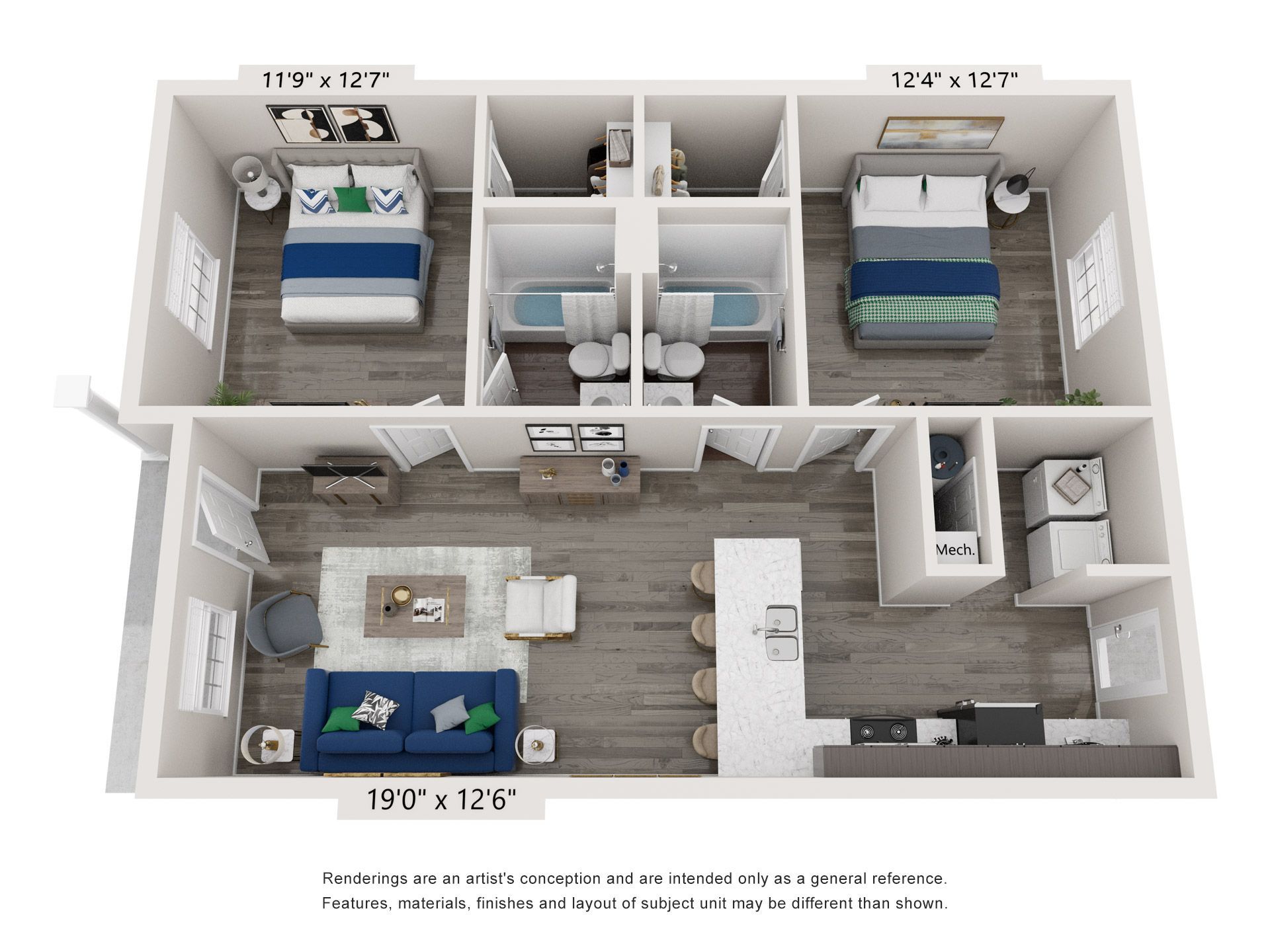 Floor plan of a two-bedroom apartment. Includes living room, kitchen, two bathrooms, and laundry area.