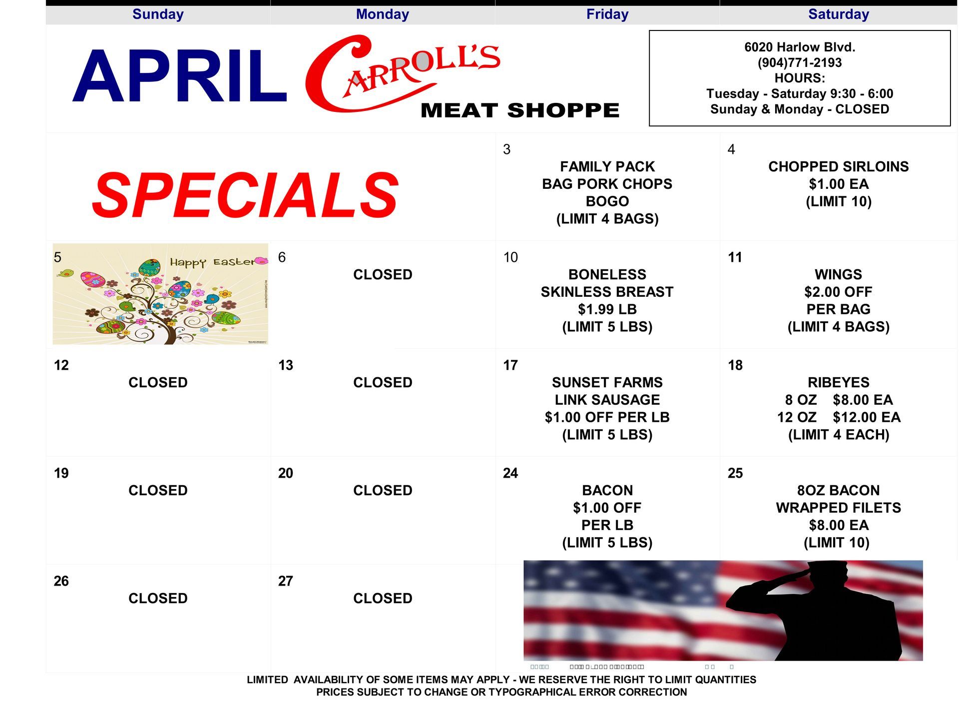 April specials flyer for Caroll's Meat Shop, with prices, meat cuts, and an American flag graphic